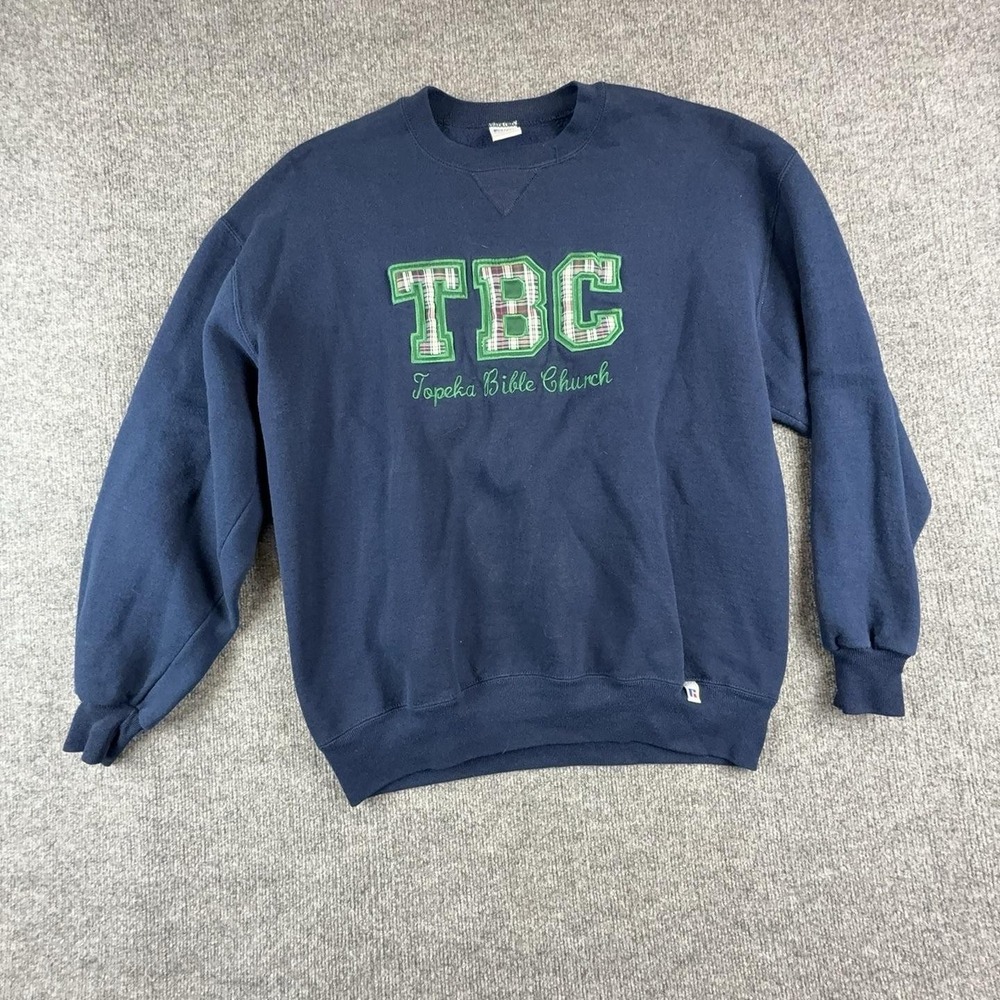 Vintage Russell Athletic Sweatshirt Mens XL Blue TBC Topeka Bible Church Graphic